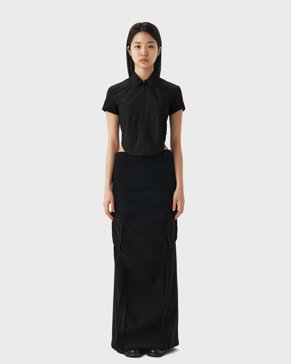 Garments Dyed Cargo Maxi Skirt (Black)